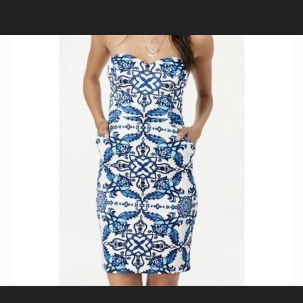 B. Darlin Juniors Blue Floral Strapless Dress